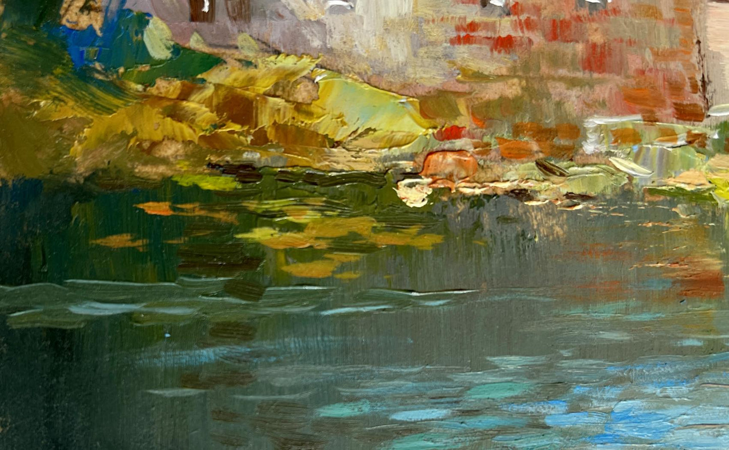 Impressionistic oil painting of bridge to city by Yuriy Suprunchuk