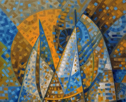 Oil painting of sailboats on sunny day by Sergiy Voichenko, abstract geometric blue gold white mosaic
