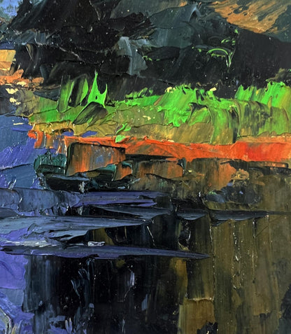 Vibrant oil painting of a river near a field by Boris Serdyuk