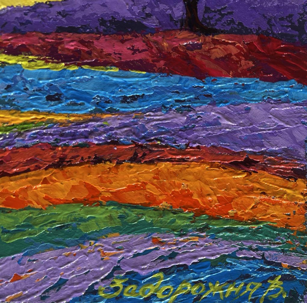 Vibrant oil painting of yellow sunset over flower field by V. Zadorozhnya