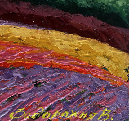 Vibrant oil painting Summer evening in sunset colors by V. Zadorozhnya