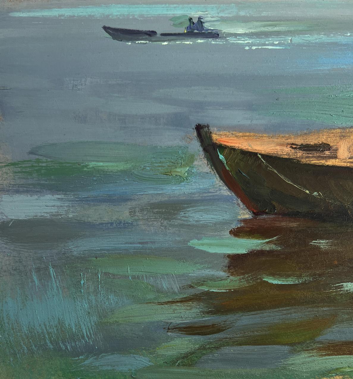 Oil painting of weathered wooden boat on long river journey by Yuriy Suprunchuk