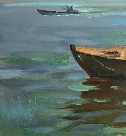 Oil painting of weathered wooden boat on long river journey by Yuriy Suprunchuk