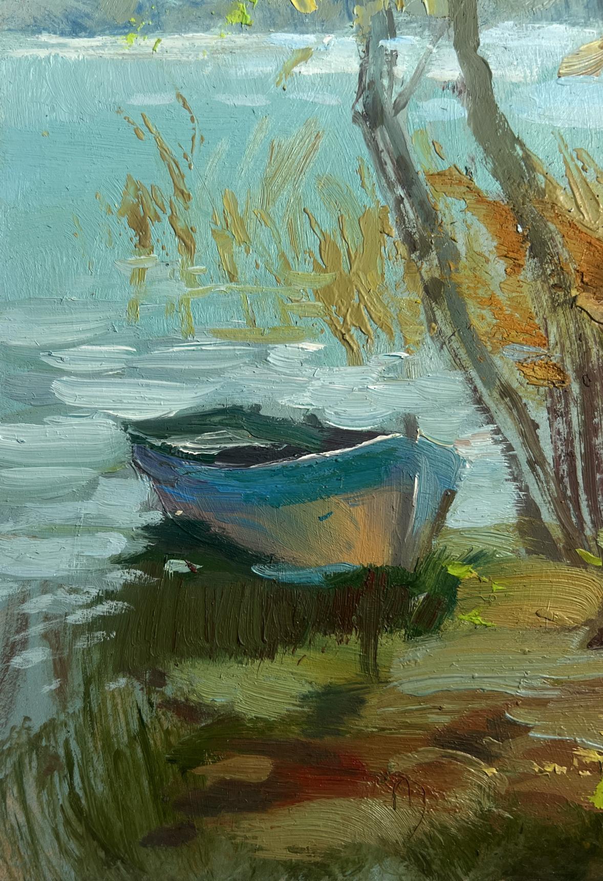 Oil painting Windy weather by the river by Yuriy Suprunchuk, rowboat on water