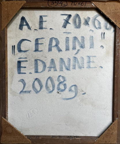 Oil painting Lilac Eric Danne white canvas with dark blue handwritten text in wooden frame