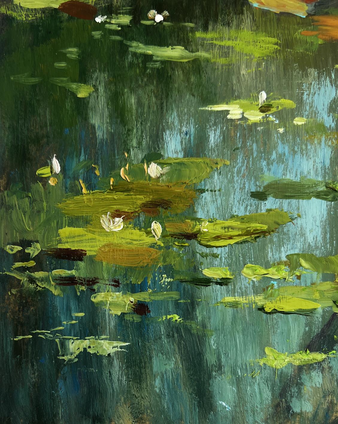 Vibrant impressionist lily pads and water lilies on teal pond by Yuriy Suprunchuk