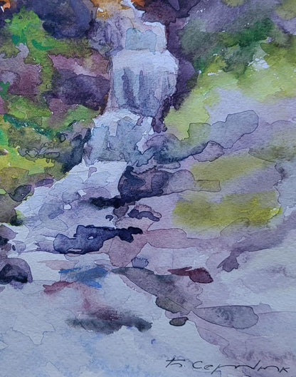 Watercolor painting Whispering Stream by Boris Serdyuk, cascading waterfall