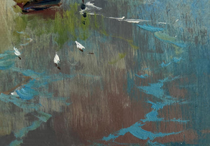 Oil painting The mountains touch the sea by Yuriy Suprunchuk with blue green textured brushstrokes