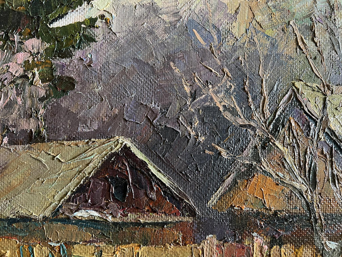 Oil painting A cold December day by Boris Serdyuk rustic house moody sky