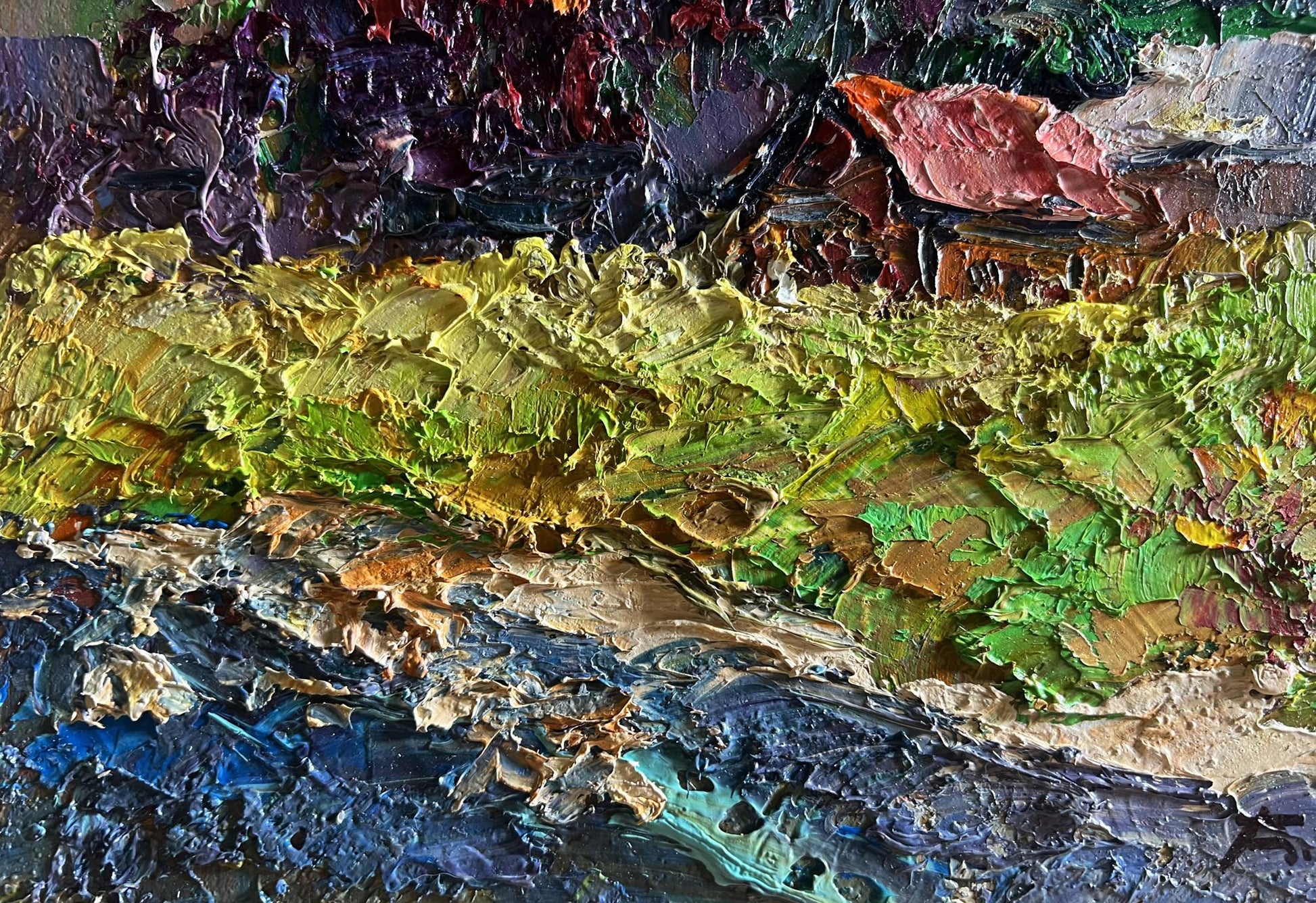 Oil painting Autumn in the mountains by Boris Serdyuk, vibrant impasto greens