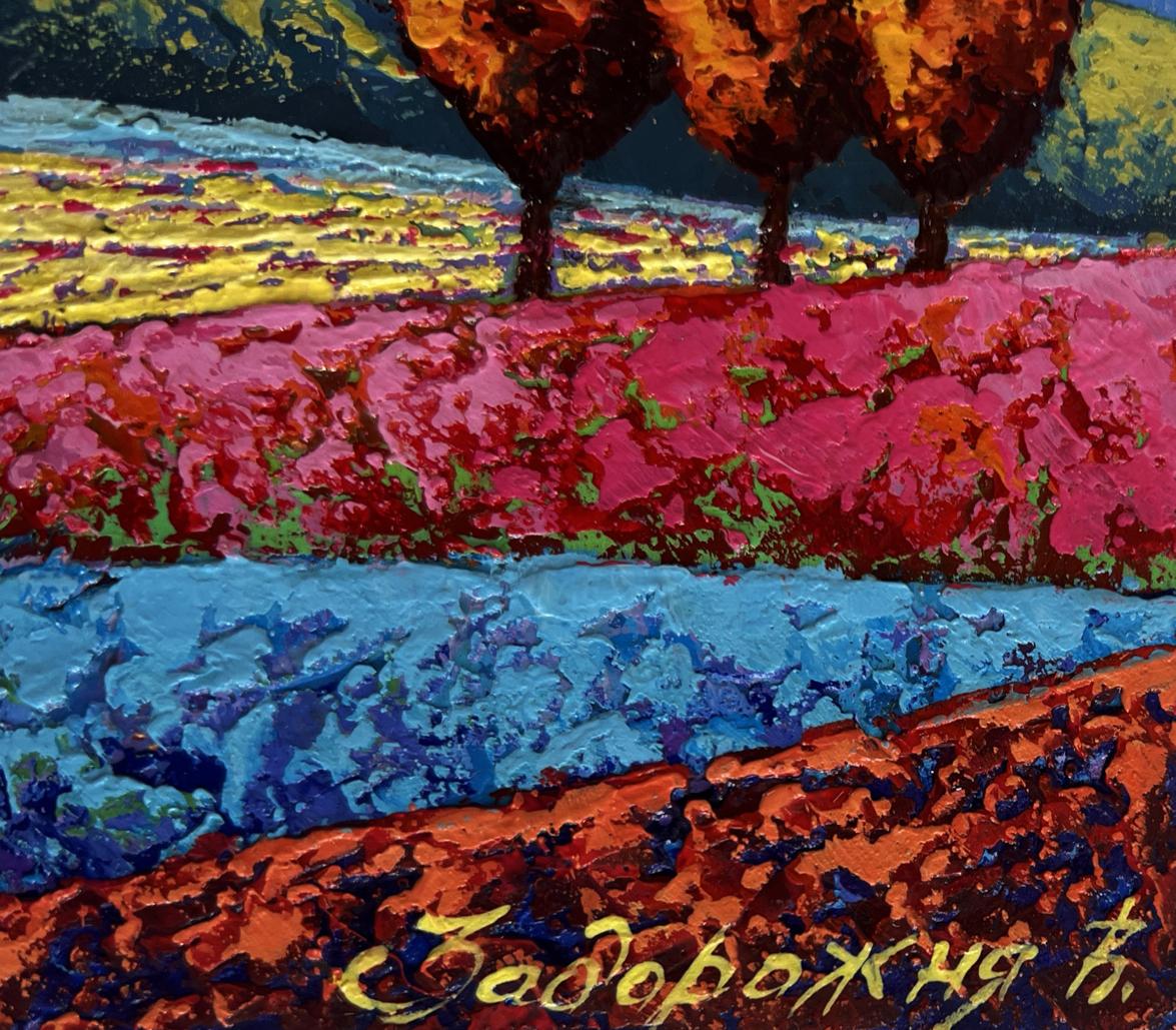 Vibrant impressionist oil painting Three autumn guards among fields by V. Zadorozhnya