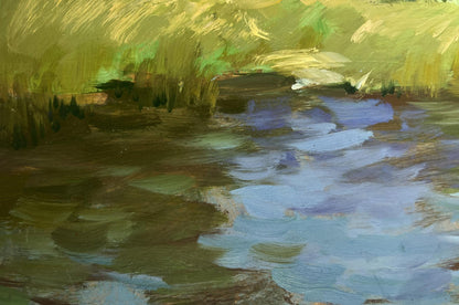 Oil painting A downpour is approaching by the river Yuriy Suprunchuk serene textured scene
