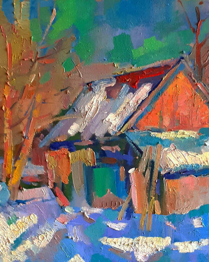 Vibrant impressionist oil painting of winter snowy morning village by Peter Dobrev