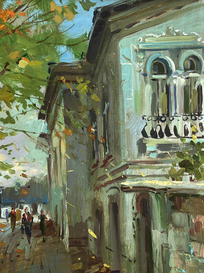 Oil painting of Yuriy Suprunchuk city street facade in daylight with autumn leaves