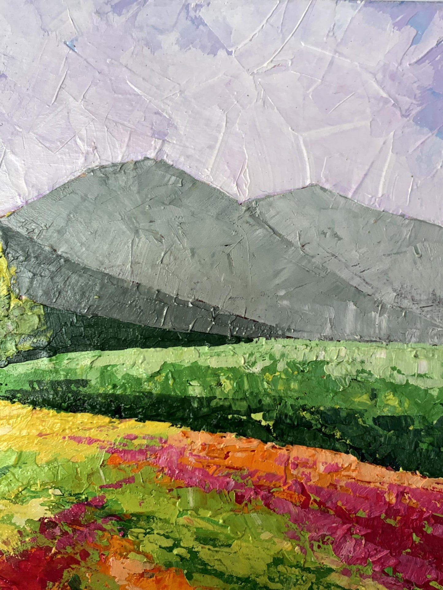 Oil painting Road to the mountains V. Zadorozhnya: textured green hills, vibrant floral fields, purple sky