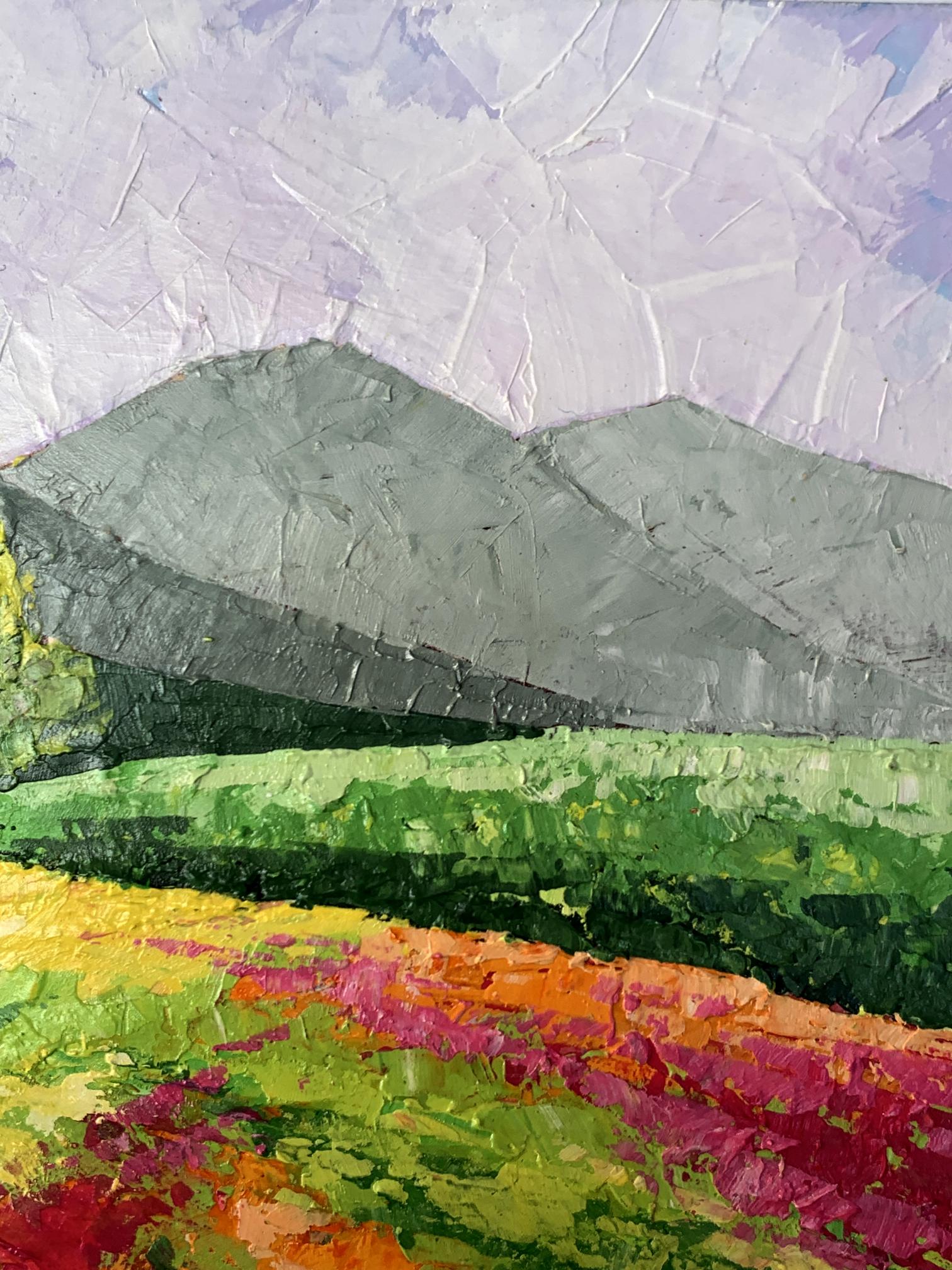 Oil painting Road to the mountains V. Zadorozhnya: textured green hills, vibrant floral fields, purple sky