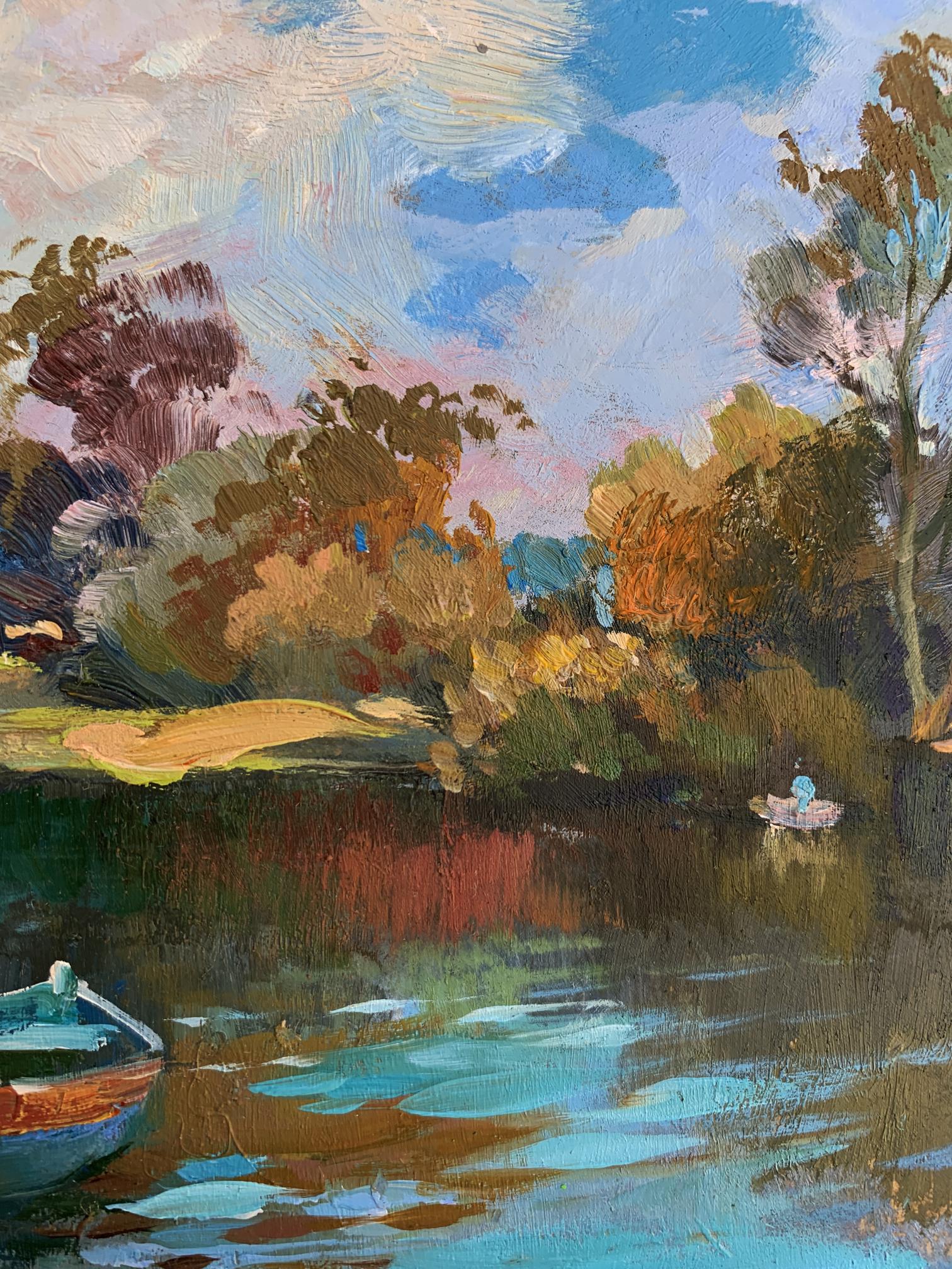 Vibrant impressionist oil painting by Yuriy Suprunchuk: serene lakeside autumn scene with boats preparing for fishing