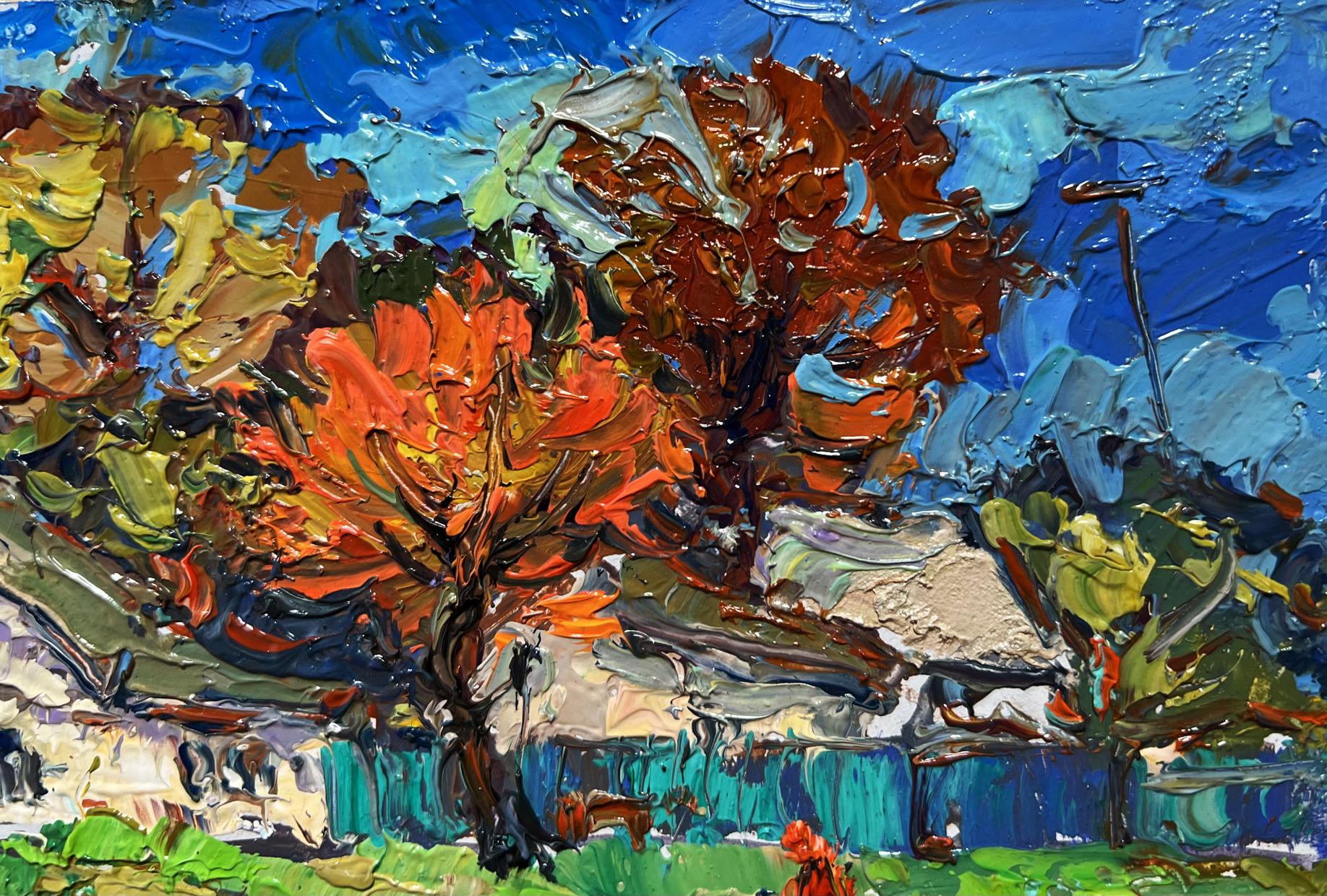 Vibrant autumn tree oil painting by Oksana Ivanyuk, orange red foliage on blue sky