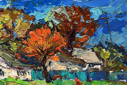 Vibrant autumn tree oil painting by Oksana Ivanyuk, orange red foliage on blue sky