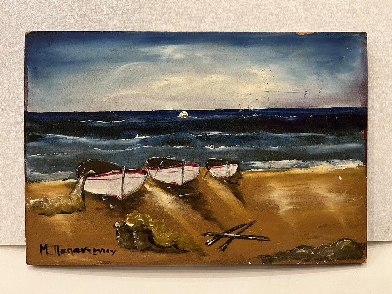Oil painting of three white boats on sandy shore by unknown artist