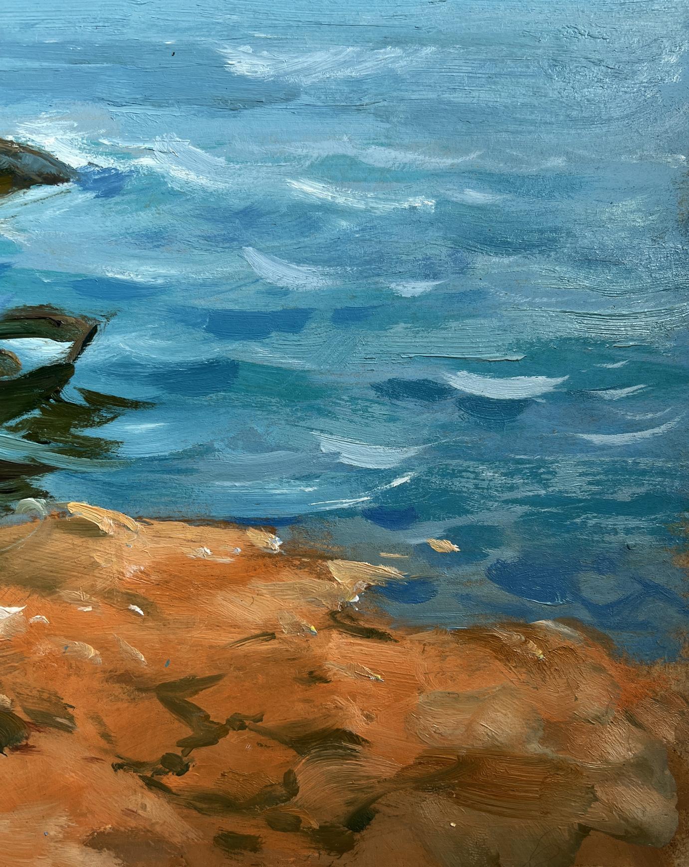 Textured oil painting of turbulent ocean waves crashing on rocky shores by Yuriy Suprunchuk