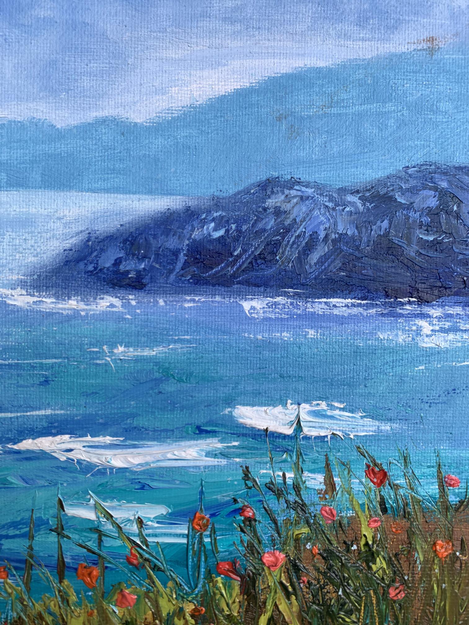 Oil painting Calm sea by Tatyana Derdey: turquoise waves, mountains, red poppies