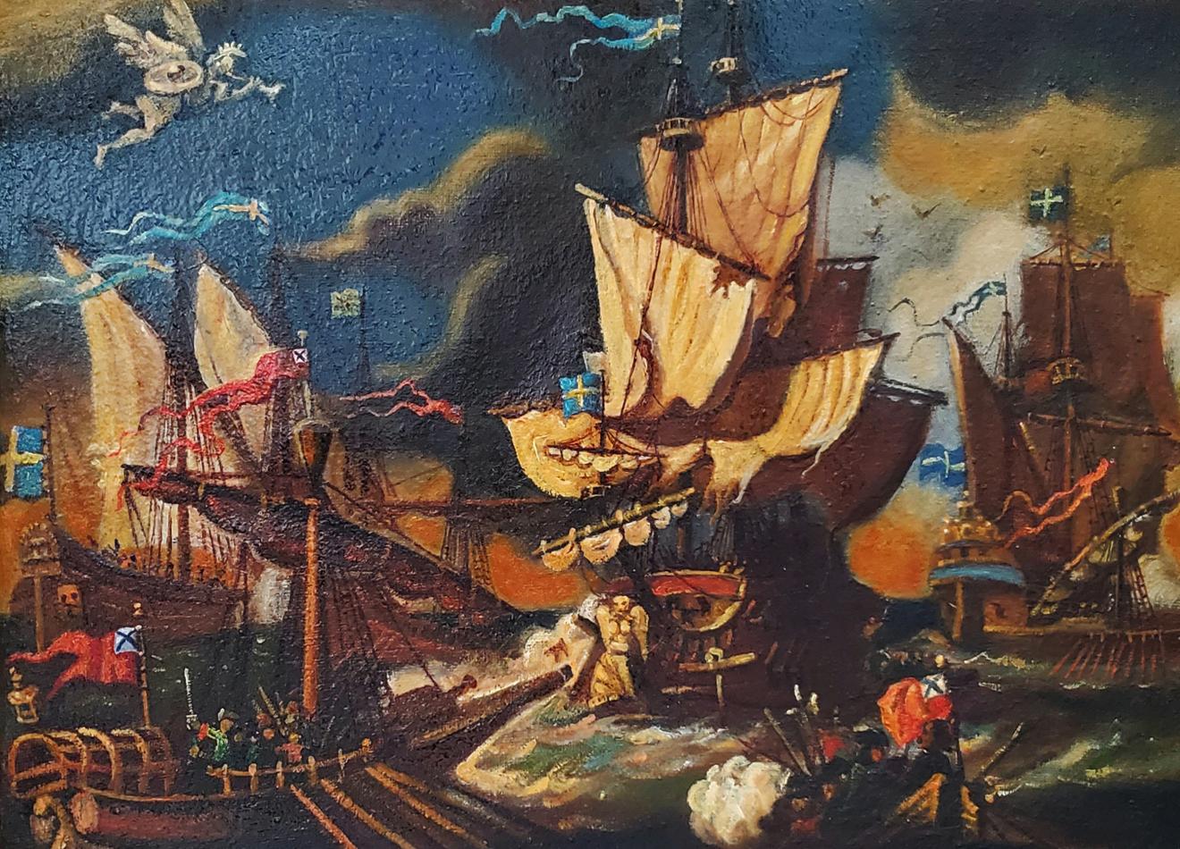 Daniil Litvinov oil painting of dramatic naval galleon battle in storm
