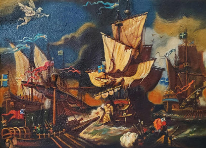 Daniil Litvinov oil painting of dramatic naval galleon battle in storm