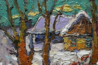 Textured impressionist oil painting of snowy yard by Oksana Ivanyuk