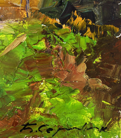 Oil painting Autumn silence on the road by Boris Serdyuk, vibrant green brown impasto
