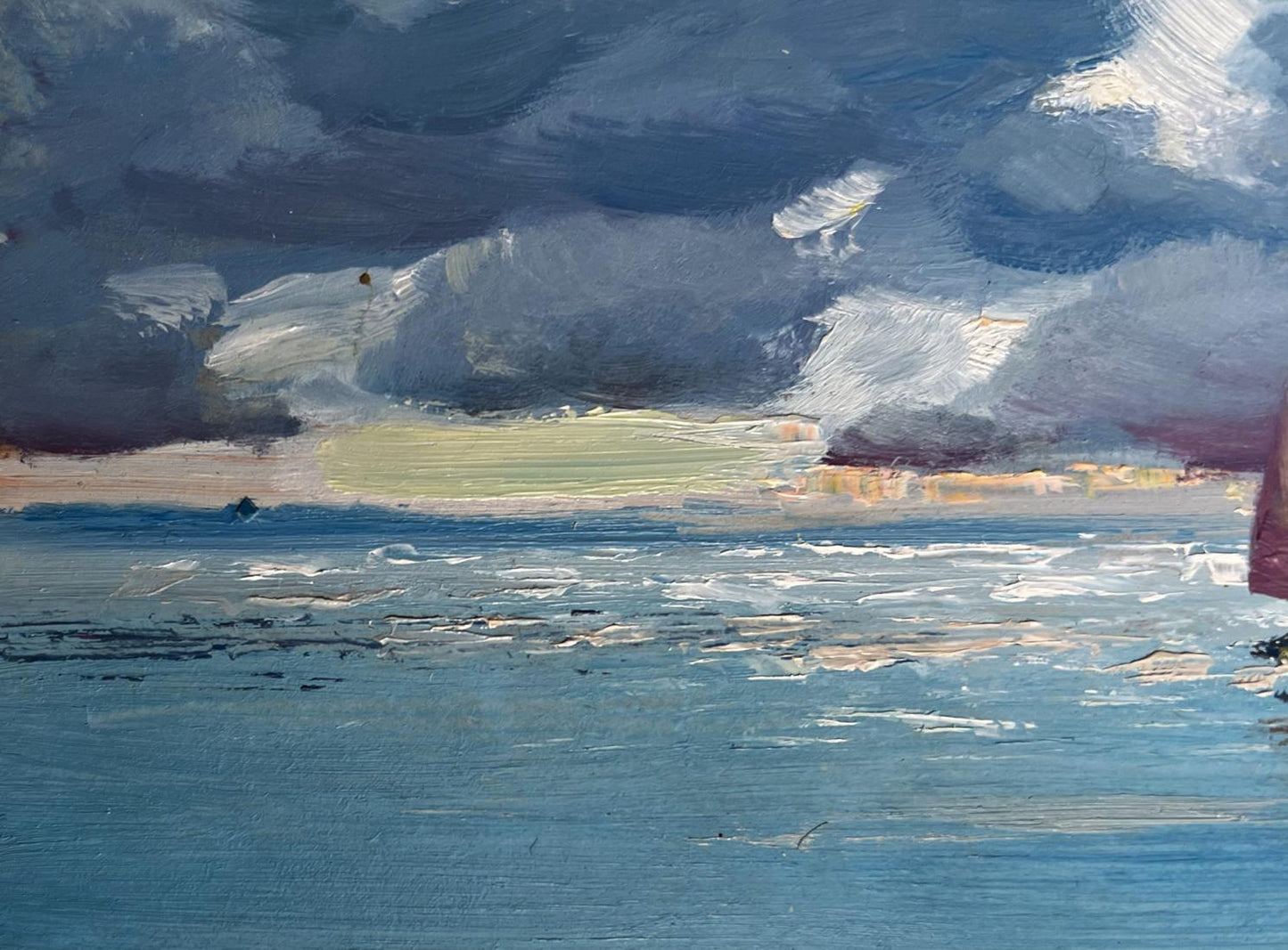 Dramatic oil painting of stormy sea by Yuriy Suprunchuk, sun behind textured clouds