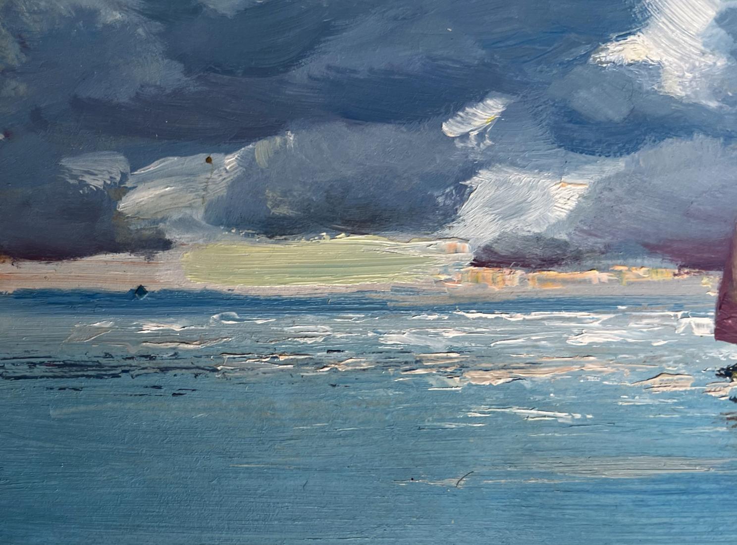 Dramatic oil painting of stormy sea by Yuriy Suprunchuk, sun behind textured clouds