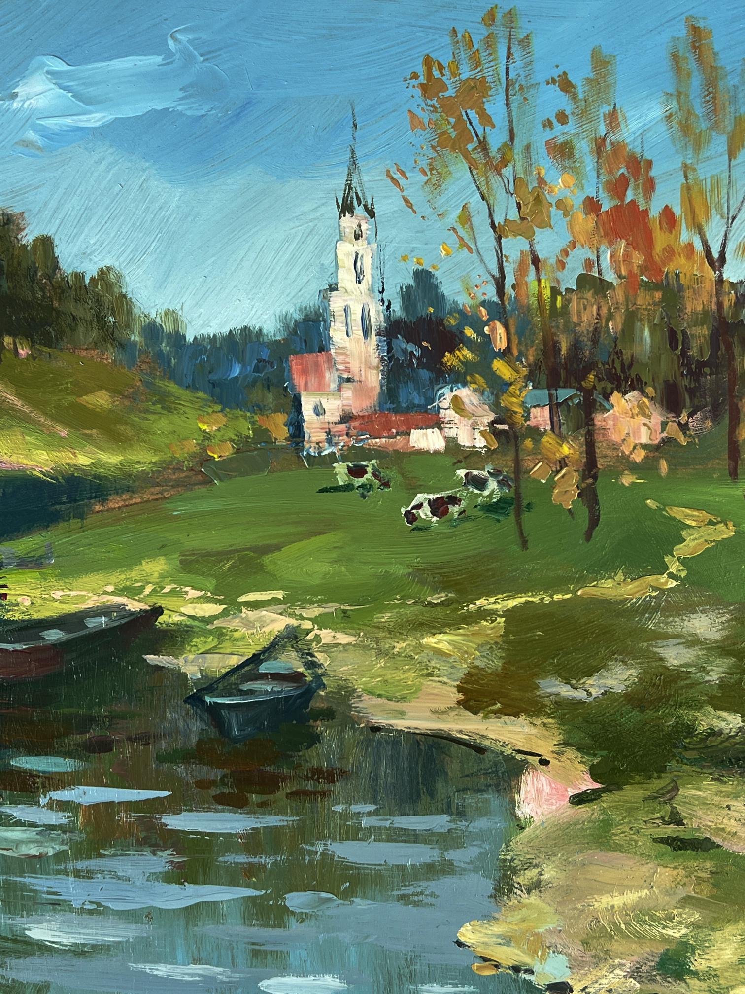 Oil painting of white church by river to village by Yuriy Suprunchuk