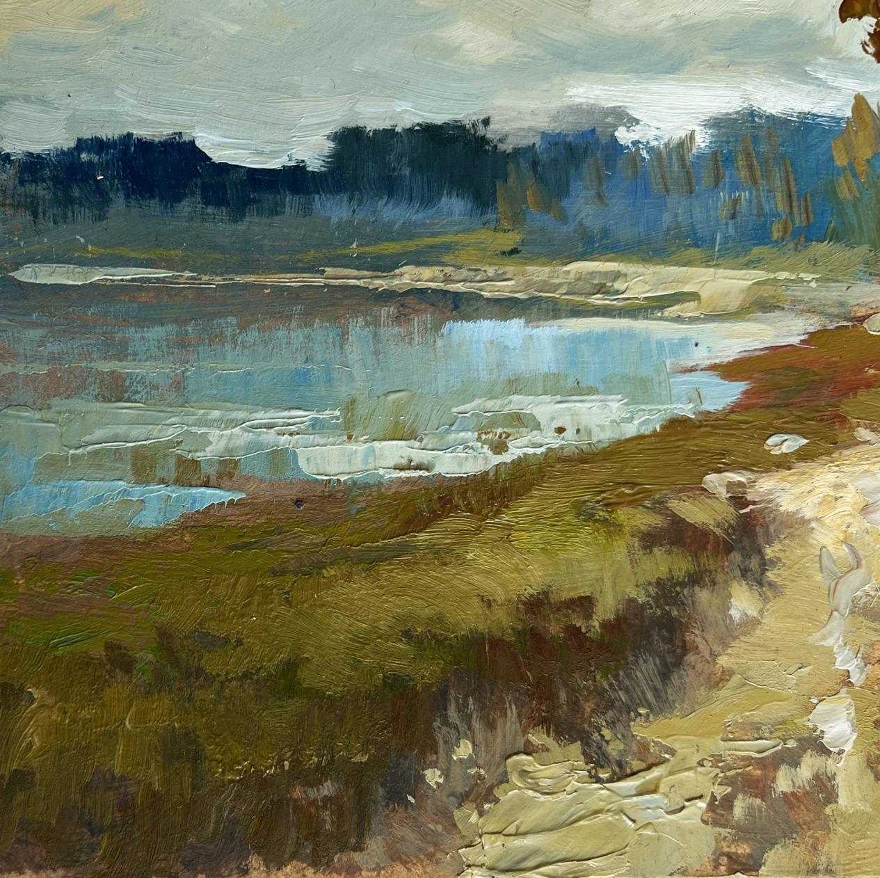 Impressionistic oil painting of autumn forest house by lakeside by Yuriy Suprunchuk