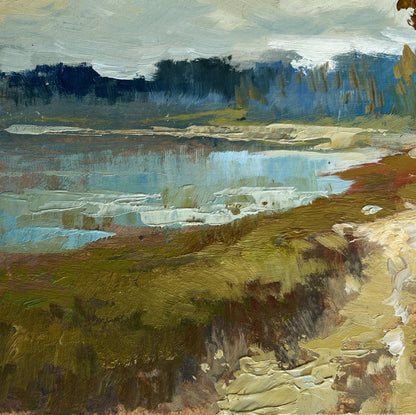 Impressionistic oil painting of autumn forest house by lakeside by Yuriy Suprunchuk