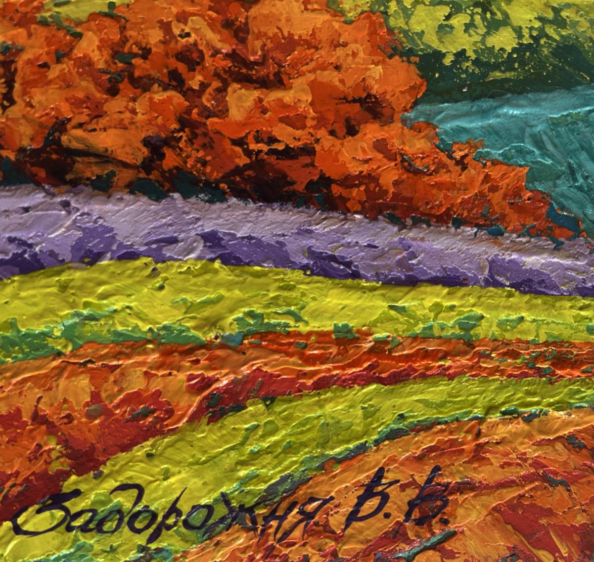 Oil painting Autumn sunset in the field V. Zadorozhnya vibrant impasto landscape