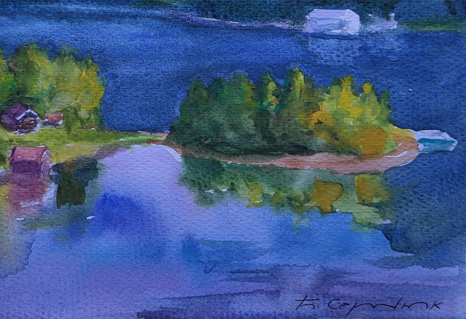 Watercolor painting of serene lake, islands, Boris Serdyuk clouds over town