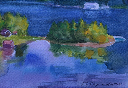 Watercolor painting of serene lake, islands, Boris Serdyuk clouds over town