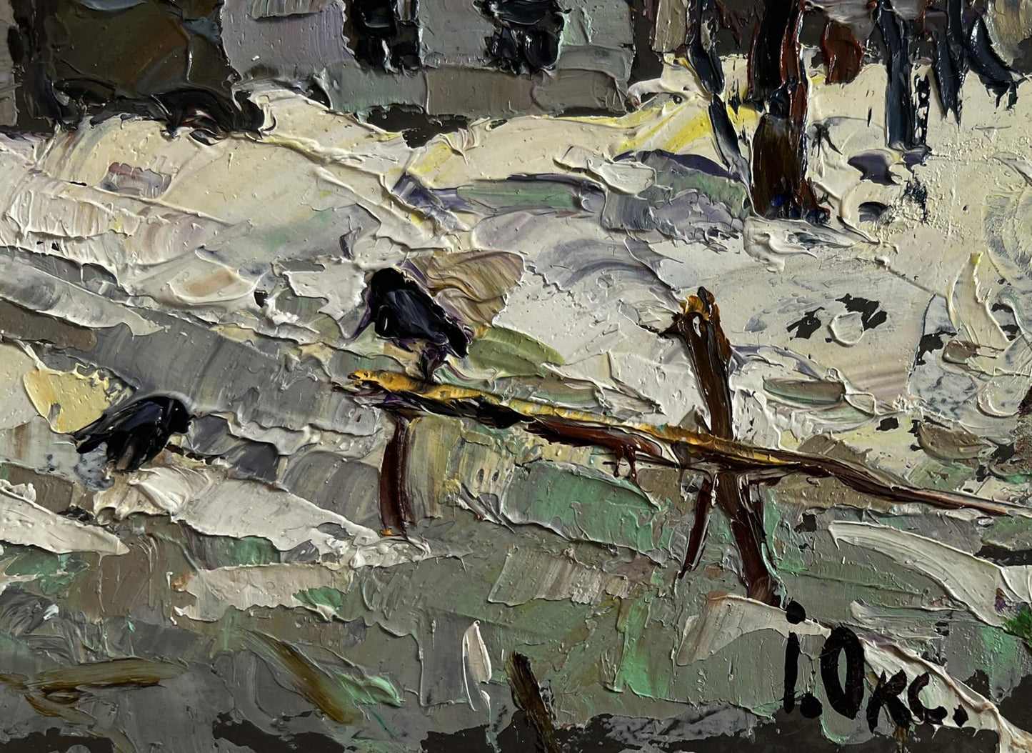 Oil painting Moonlit winter night by Oksana Ivanyuk: two black birds on weathered branch