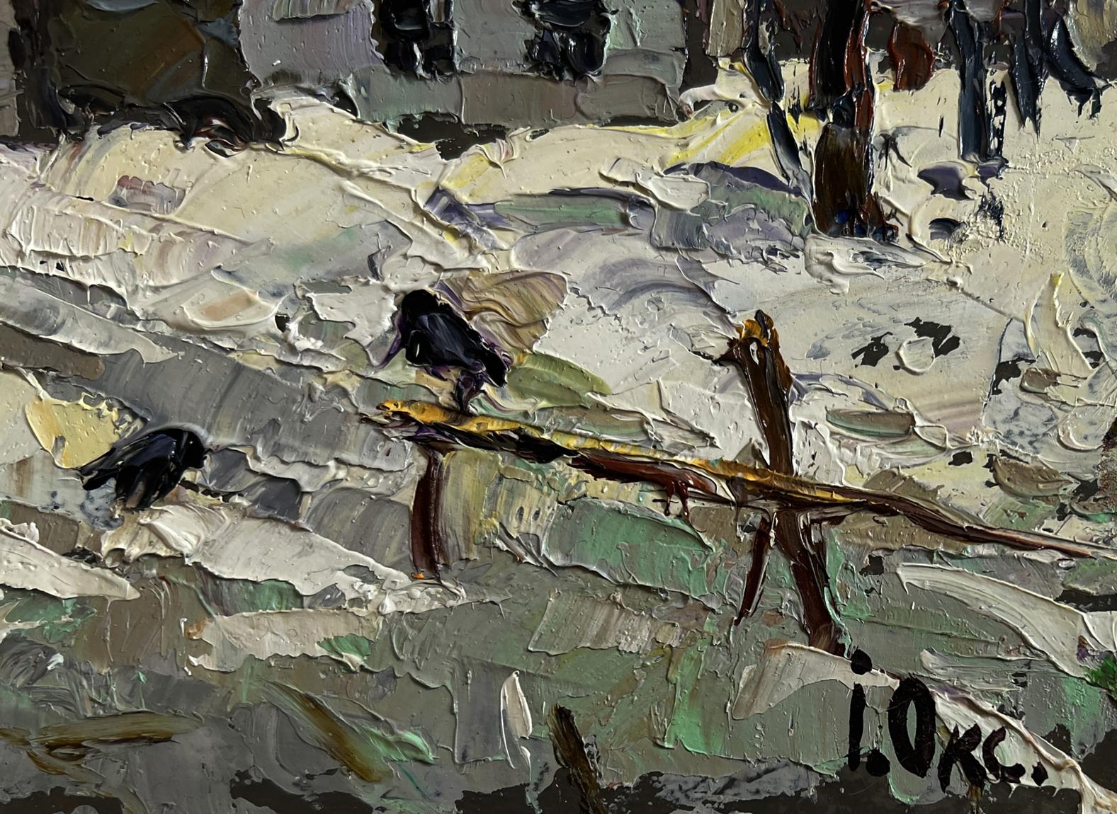 Oil painting Moonlit winter night by Oksana Ivanyuk: two black birds on weathered branch