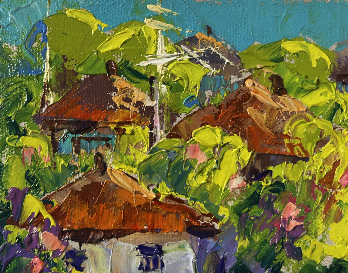 Vibrant impressionist oil painting by Oleksiy Ivanyuk: Bloom and light between tropical huts