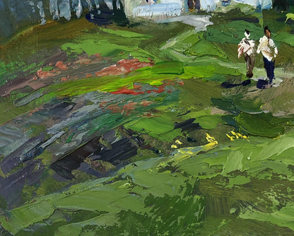 Impressionistic oil painting by Yuriy Suprunchuk: figures in vibrant green landscape