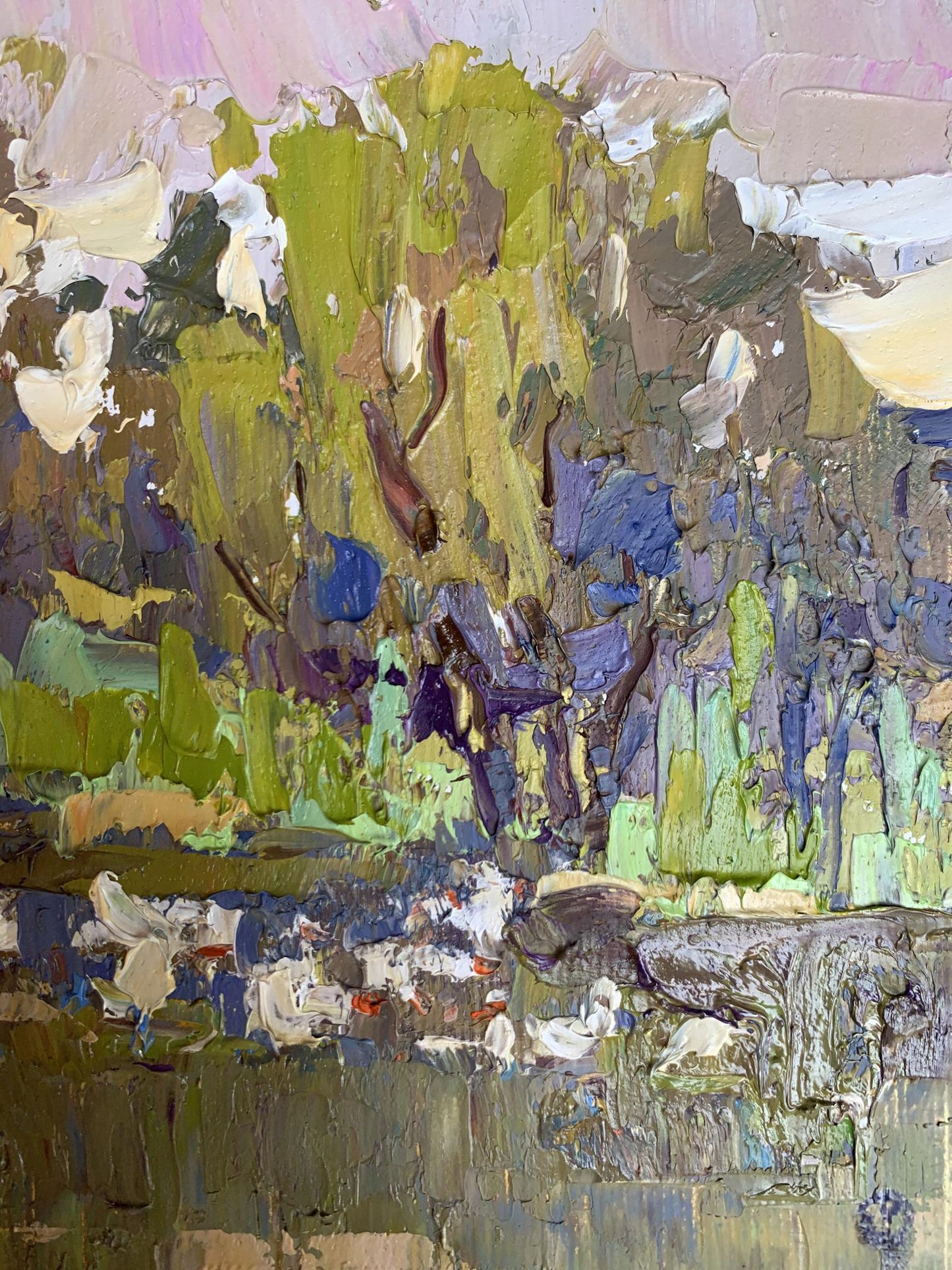 Oil painting Geese in the Lake by Oksana Ivanyuk with impasto brushstrokes