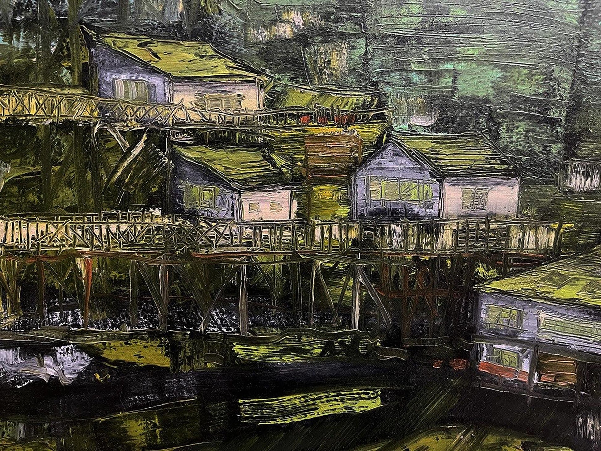 Oil painting by Serhiy Kovalev: impressionistic village with houses, bridges, hills