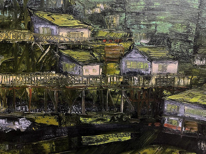 Oil painting by Serhiy Kovalev: impressionistic village with houses, bridges, hills
