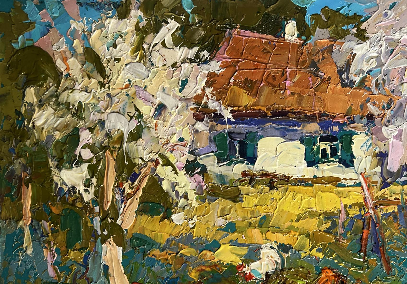 Vibrant impressionist oil painting of flowering trees in garden by Oksana Ivanyuk
