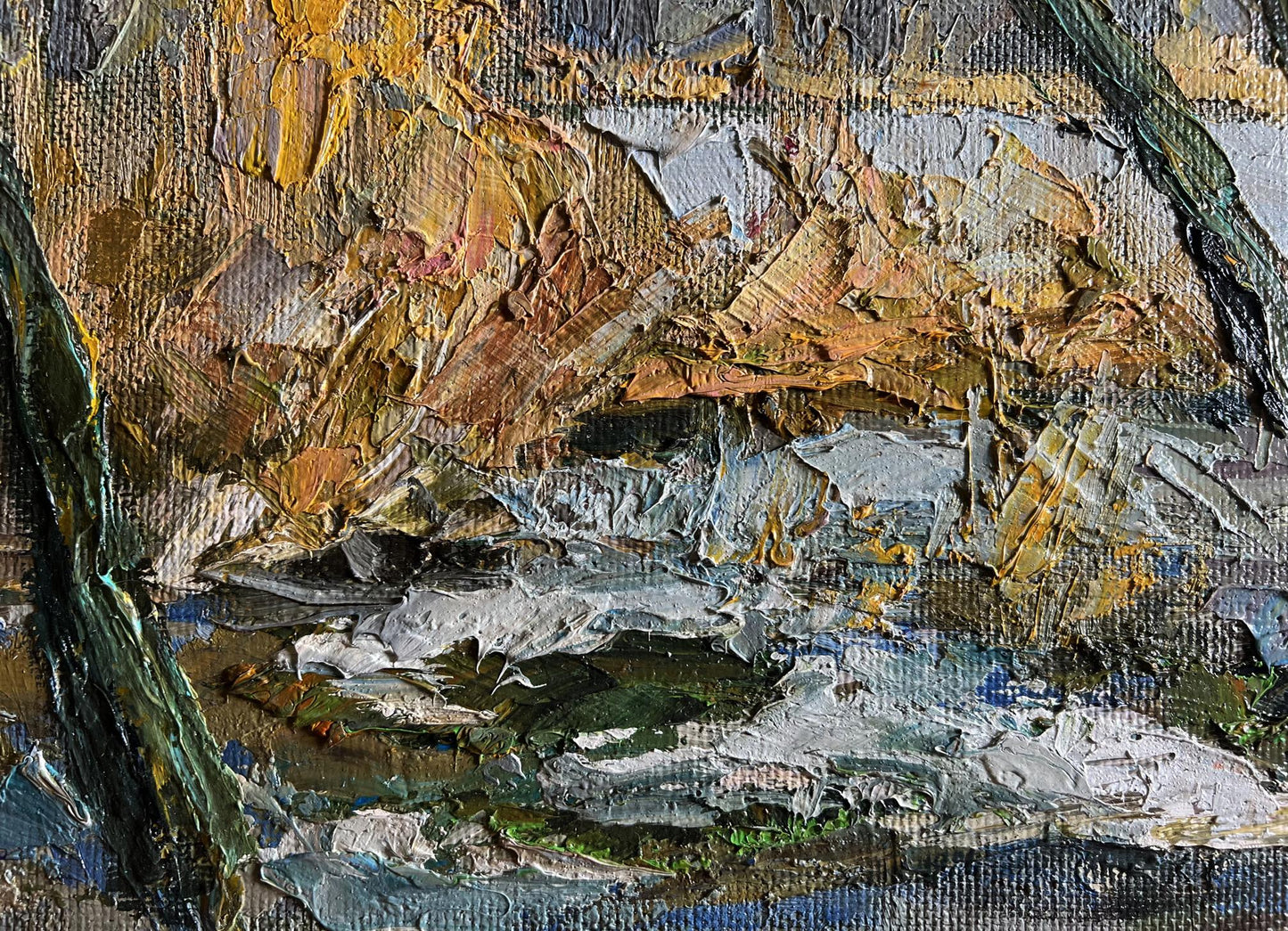 Oil painting The first snow fell by Boris Serdyuk in earthy impasto tones