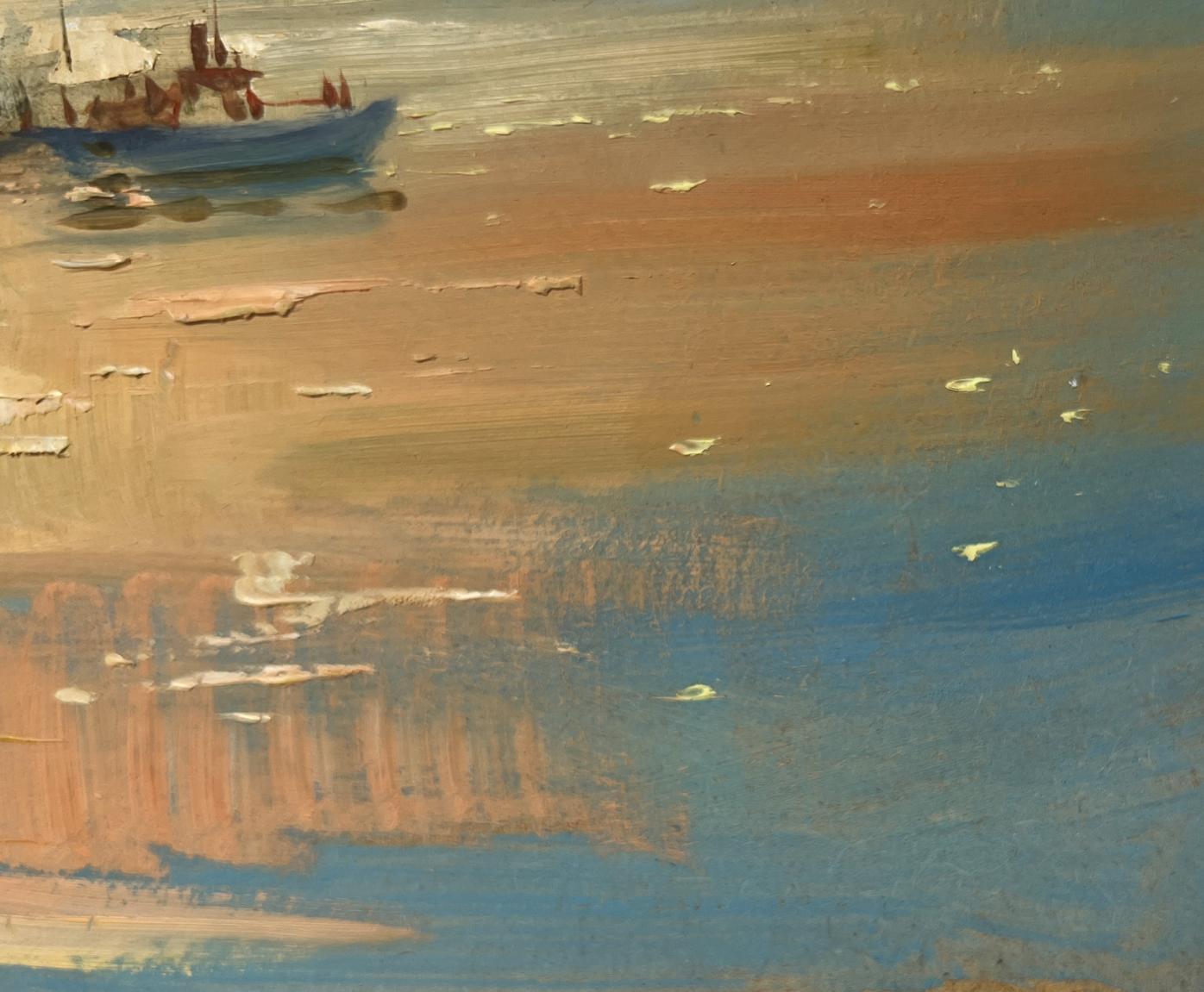 Oil painting of blue fishing boat with red accents on textured shoreline at orange sunset by Yuriy Suprunchuk