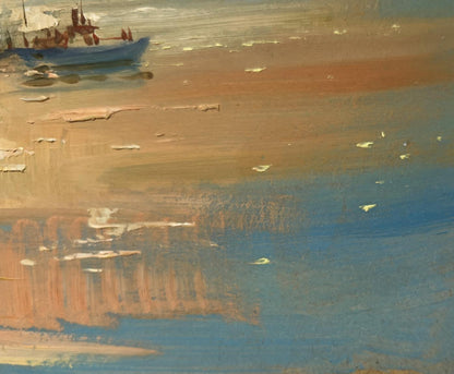 Oil painting of blue fishing boat with red accents on textured shoreline at orange sunset by Yuriy Suprunchuk