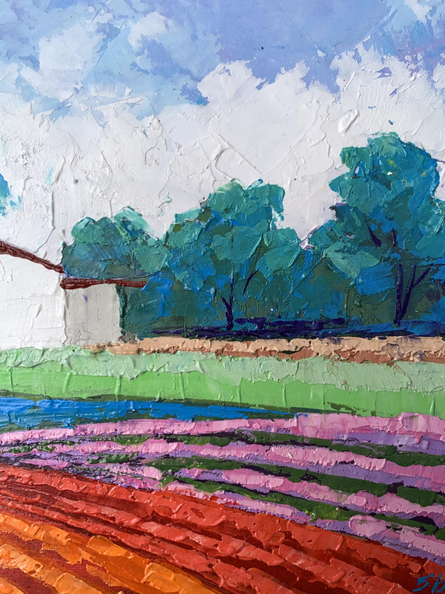 Oil painting House among the Trees by V. Zadorozhnya, vibrant pink fields